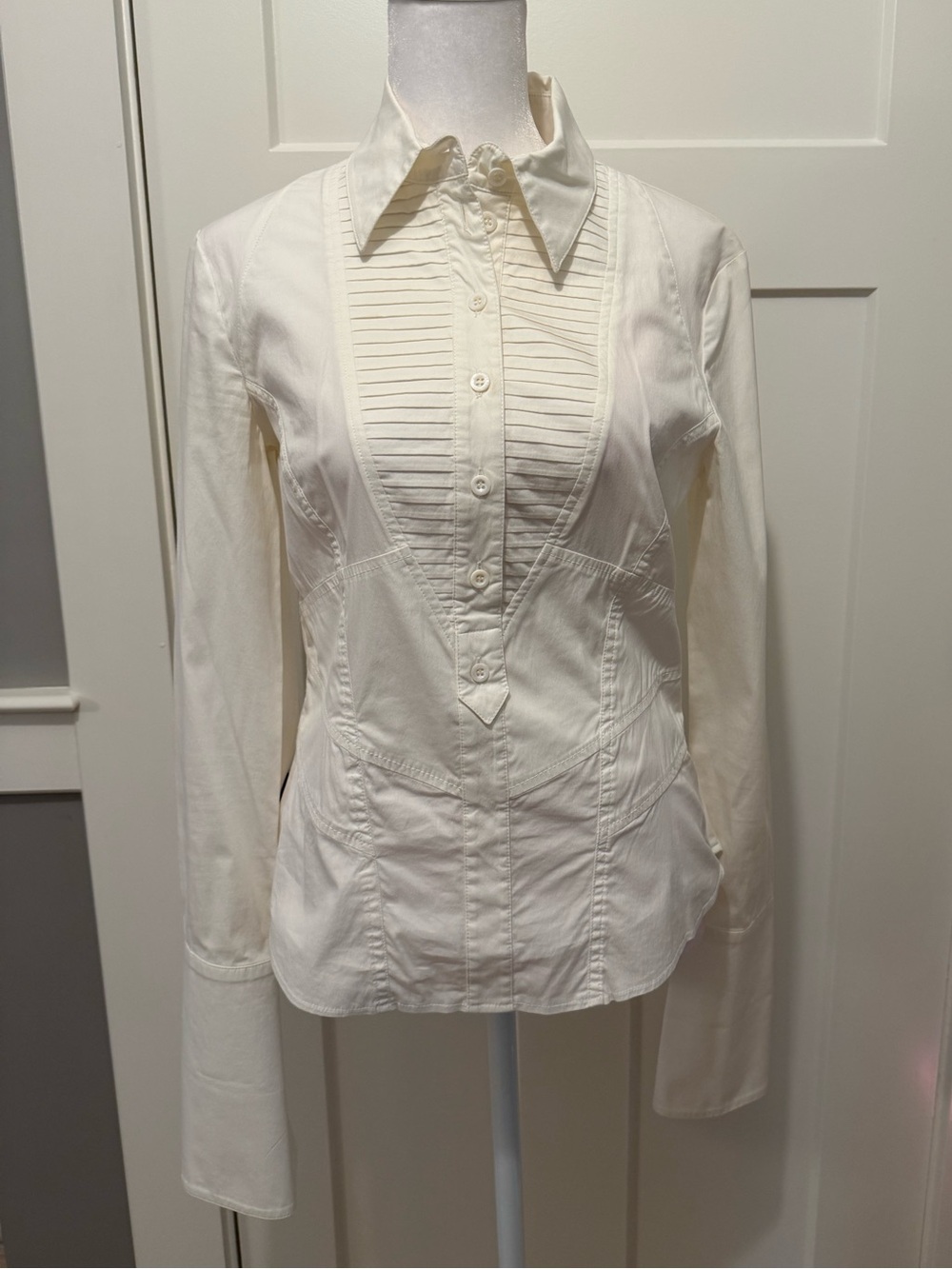 Karen Millen Ivory Pleated Button-Front, French Cuff Shirt